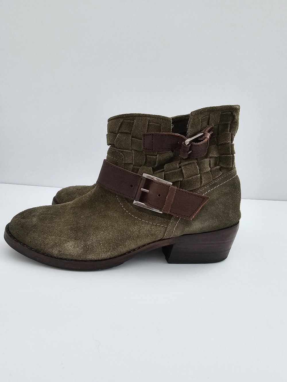 Adam Tucker by Me Too Woven Suede Buckle Booties​These olive green ankle boots